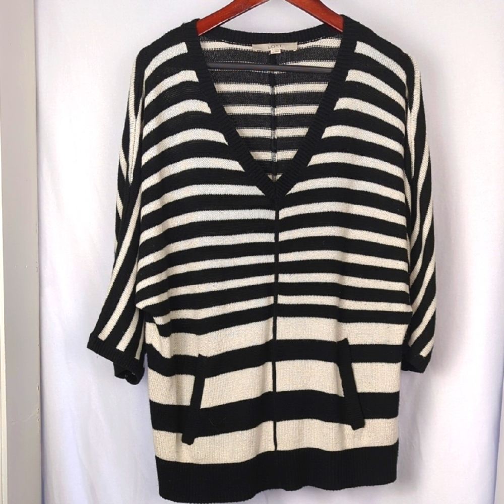 LOFT Women's Black and White Striped Oversized Sweater